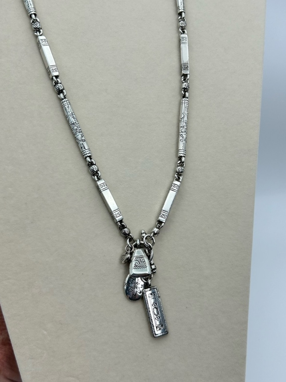 Brighton Long Charm Necklace 32" Vintage Silver Plated Etched Bar Link Toggle
